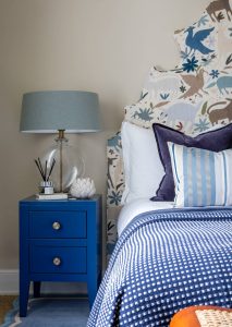 Luxury Victorian bedroom interior design in Bath with bespoke upholstery and soft layered textiles.