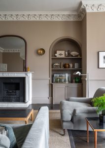 Luxury Georgian interior detail in Bath showing layered textures, bespoke furniture and heritage styling.